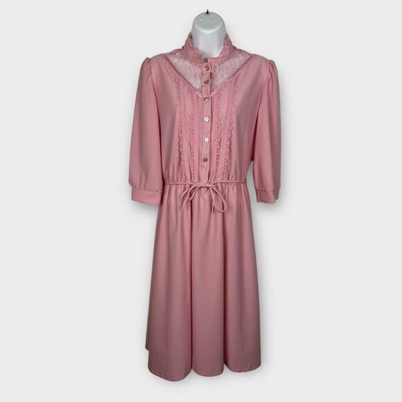 Vintage 70s Dress Montgomery Ward Sz 12 Women’s Cottagecore Lace Polyester Pink - Picture 2 of 6